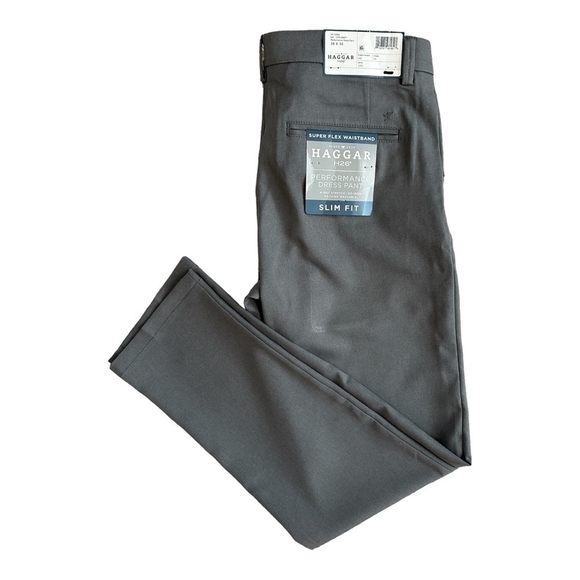 Mens Pants HAGGAR H26 Grey Slim Fit Super Flex Waistband Performance Dress Pants - Picture 6 of 10